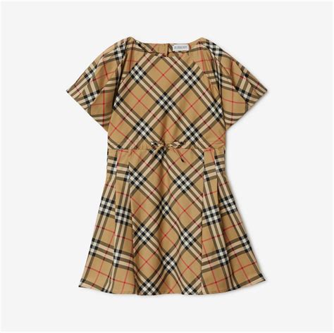 Pleated Check Stretch Cotton Dress in Archive beige 